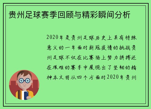 贵州足球赛季回顾与精彩瞬间分析