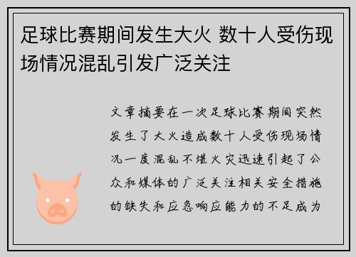 足球比赛期间发生大火 数十人受伤现场情况混乱引发广泛关注