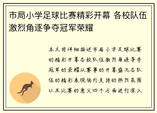 市局小学足球比赛精彩开幕 各校队伍激烈角逐争夺冠军荣耀
