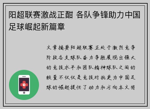 阳超联赛激战正酣 各队争锋助力中国足球崛起新篇章
