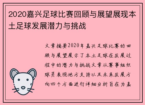 2020嘉兴足球比赛回顾与展望展现本土足球发展潜力与挑战