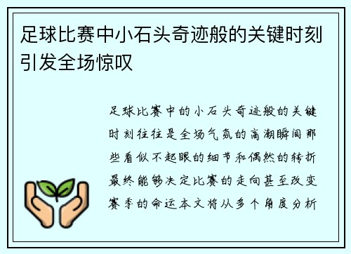 足球比赛中小石头奇迹般的关键时刻引发全场惊叹