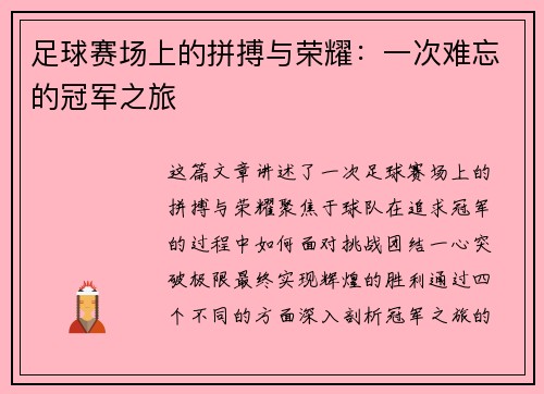 足球赛场上的拼搏与荣耀：一次难忘的冠军之旅