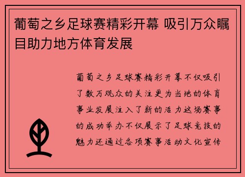 葡萄之乡足球赛精彩开幕 吸引万众瞩目助力地方体育发展
