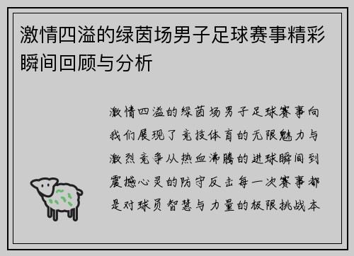 激情四溢的绿茵场男子足球赛事精彩瞬间回顾与分析