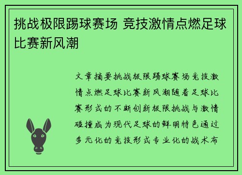 挑战极限踢球赛场 竞技激情点燃足球比赛新风潮