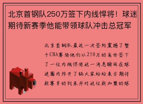 北京首钢队250万签下内线悍将！球迷期待新赛季他能带领球队冲击总冠军！
