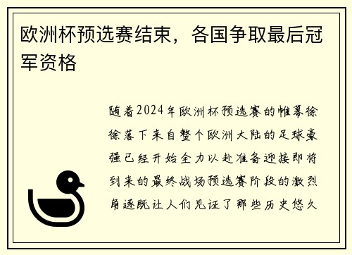 欧洲杯预选赛结束，各国争取最后冠军资格