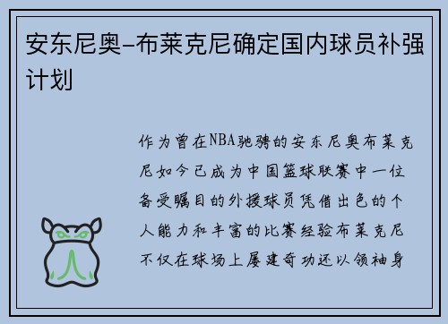 安东尼奥-布莱克尼确定国内球员补强计划